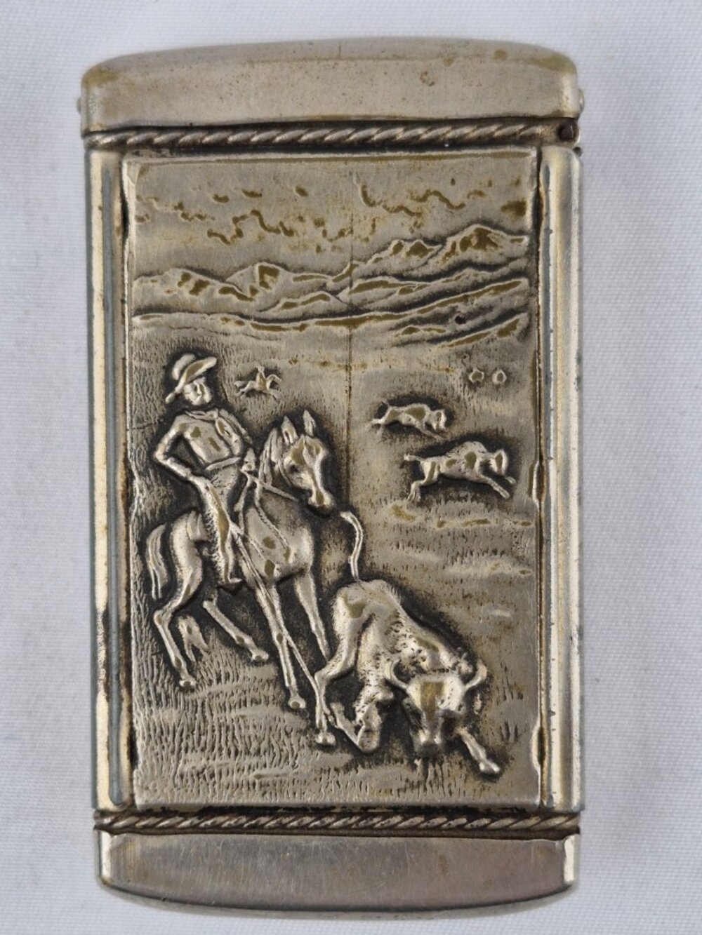 Antique Vintage Match Safe Buffalo Brewing Co. Cowboy Horseback Roping Buffalo
